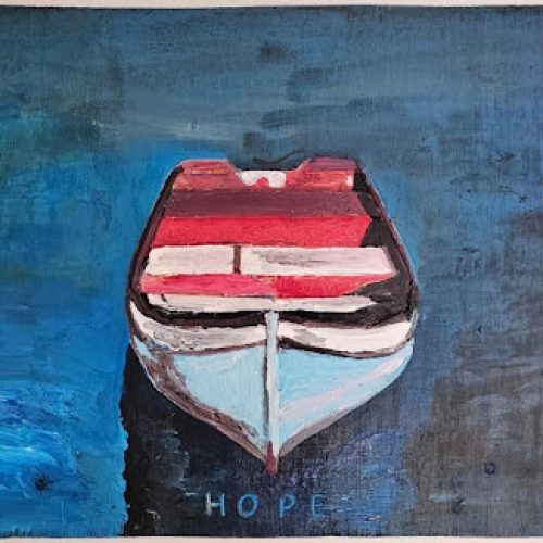 Oil, acrylics, metal on wood panel, 30 × 40 cm | 12 × 16 in